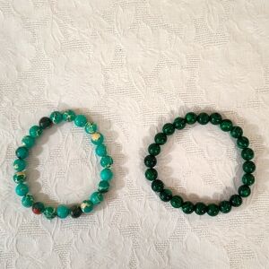 Lot of 2 Gemstone Unisex Stretch Beaded Bracelets - Malachite & Green Stone